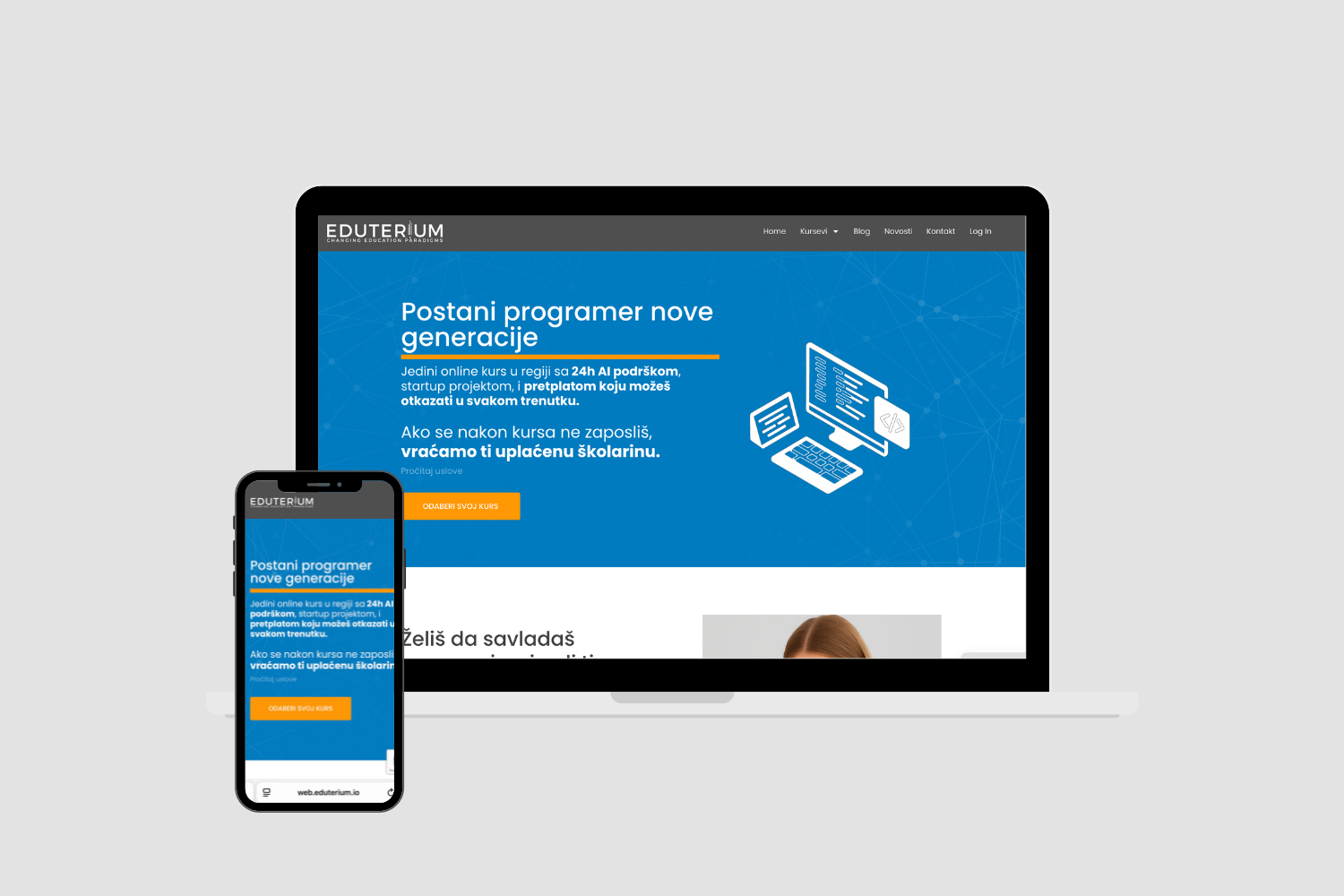 Eduterium web stranica prikazana na laptopu i telefonu